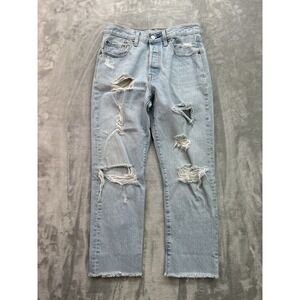 Levis 501 Jeans Womens Sz W27 L26 Light Blue Distressed Straight Button Fly